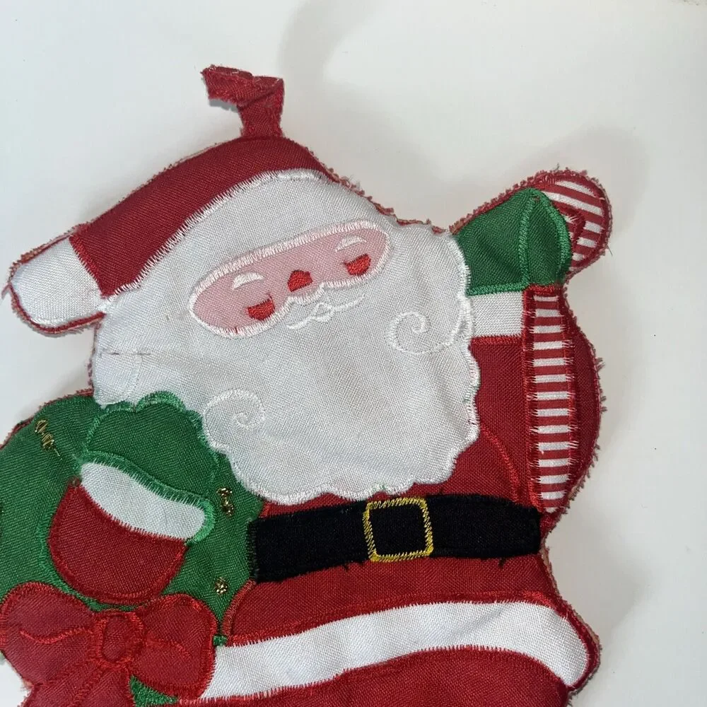 2 Vintage Handmade Christmas Pot Holders Santa Clause / Stocking 8” Tall